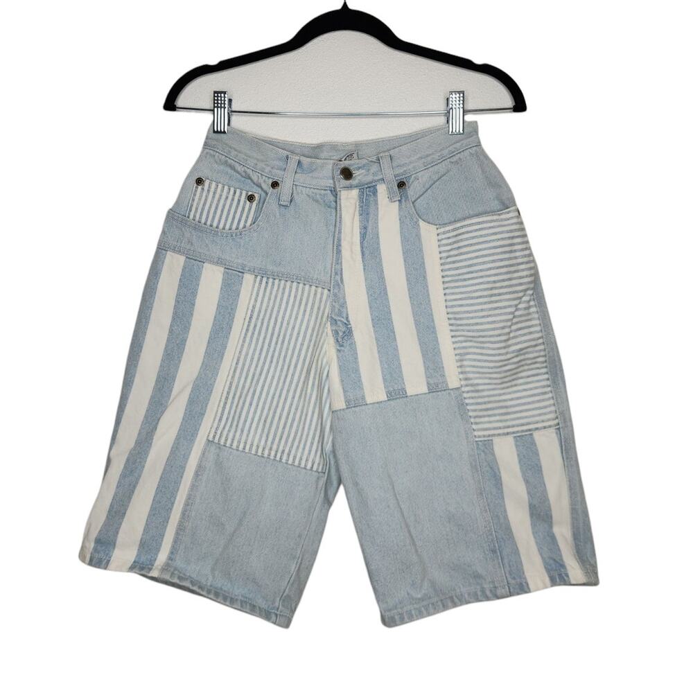 Vintage 80s 90s High Waist Jorts Jean Shorts Colorblock Stripe Xena Size 5 Mom